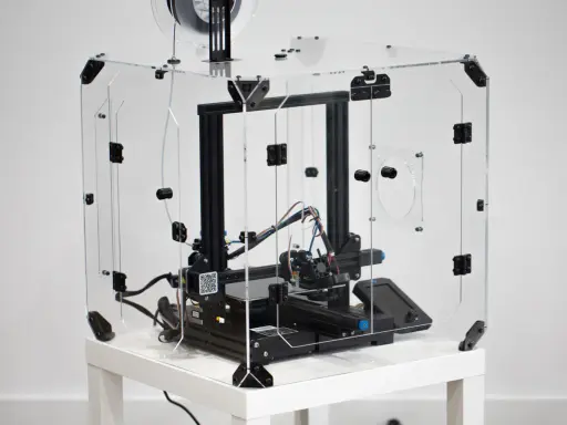 Stampante 3D Ender 3 in teca trasparente, pronta per aggiornamenti firmware.