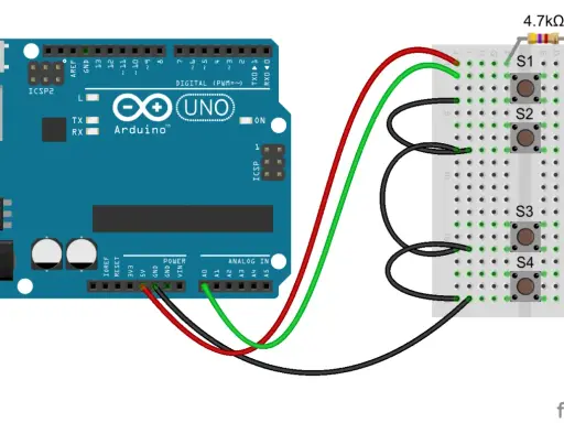 Un pin Arduino collegato a una breadboard con quattro pulsanti (S1-S4) e resistori.