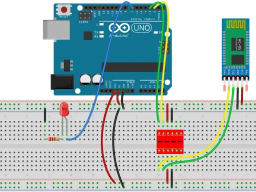 Circuito con Arduino Uno e modulo **arduino bluetooth** HC-05 collegati su breadboard, con LED e resistore.