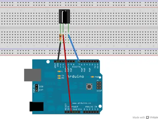 Schema di un **arduino ir transmitter** su breadboard: un diodo IR collegato a un resistore e all'Arduino tramite cavi.