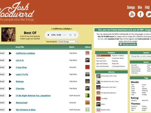 Sito per scaricare musica gratis: Josh Woodward offre download gratuiti di canzoni, playlist e album.