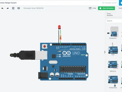 Un simulatore Arduino mostra una scheda UNO collegata via USB, con un LED e un resistore collegati.