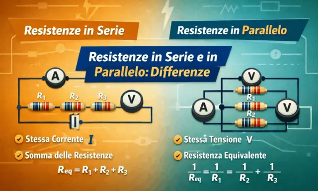 Schema elettrico che illustra le differenze tra resistenze in serie e in parallelo. La parte sinistra mostra un collegamento in serie con tre resistori e la formula per la resistenza equivalente.