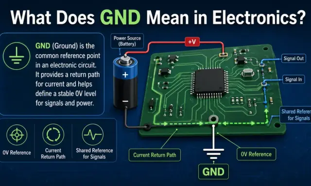 Schema elettrico che illustra il GND (massa) come punto di riferimento comune, sia positivo che negativo, per il ritorno della corrente e la stabilità dei segnali.