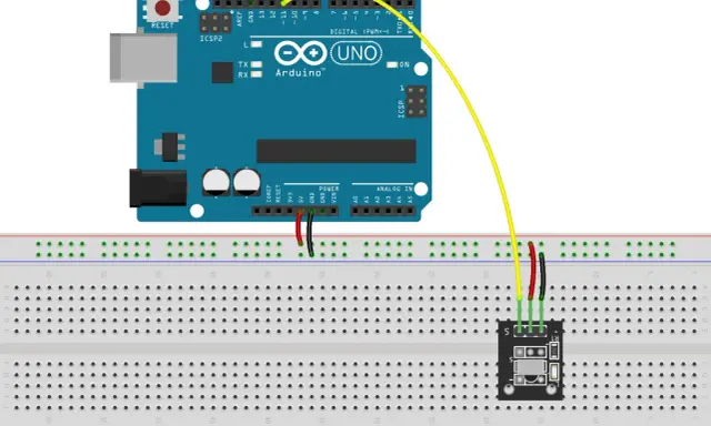 Arduino Uno collegato a un sensore IR su breadboard. Il sensore rileva segnali infrarossi.