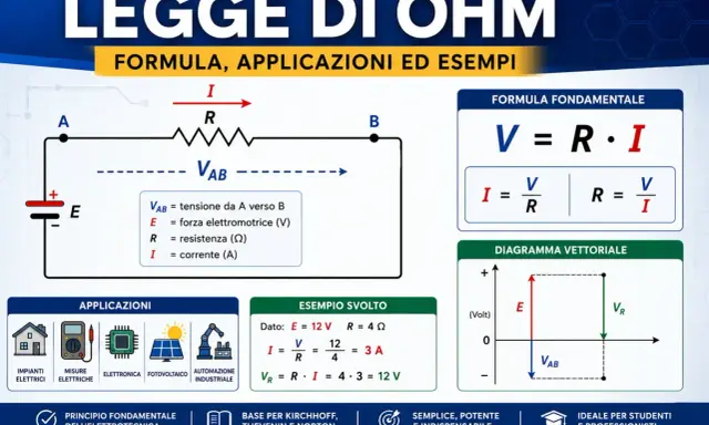 Schema elettrico che illustra la legge di Ohm, con formule, applicazioni e un esempio pratico.