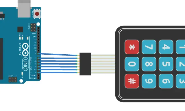 Arduino UNO collegato a un keypad numerico tramite cavi.