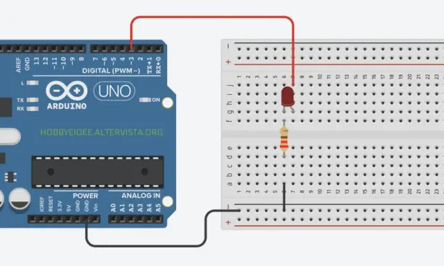 Schema di collegamento per lezioni Arduino: un LED e una resistenza collegati a un Arduino Uno tramite breadboard.