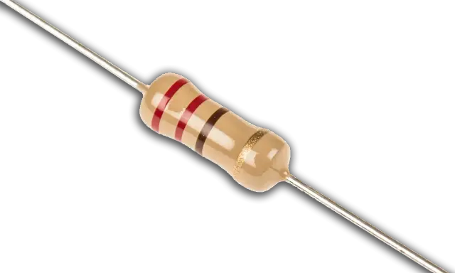 Resistenze elettronica con bande colorate (marrone, rosso, marrone, oro) su corpo beige.
