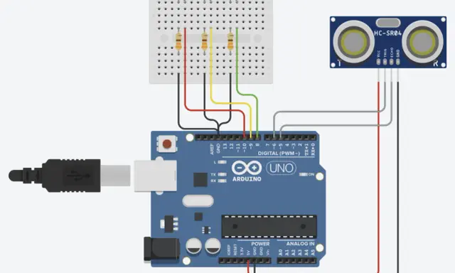 Schema di un **arduino project** con sensore a ultrasuoni HC-SR04, breadboard, LED e resistori collegati a un Arduino Uno.