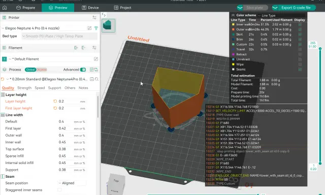 Interfaccia di slicing con modello 3D, impostazioni di stampa e codice G. Confronto tra Klipper e Marlin per ottimizzare la stampa.