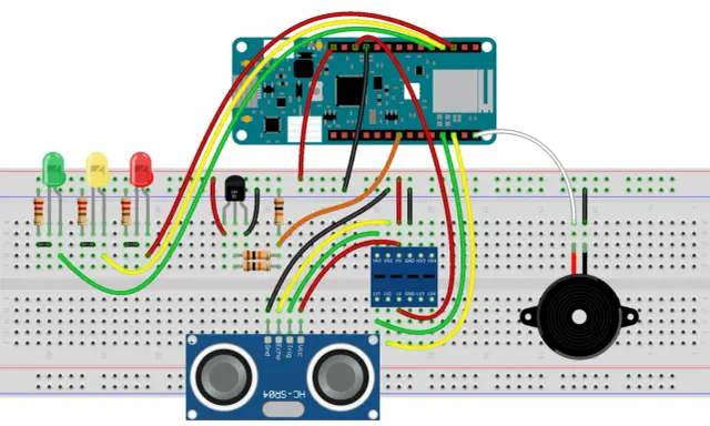 Schema di prototipazione per progetti Arduino per auto: sensore ultrasuoni, LED, buzzer e transistor su breadboard.