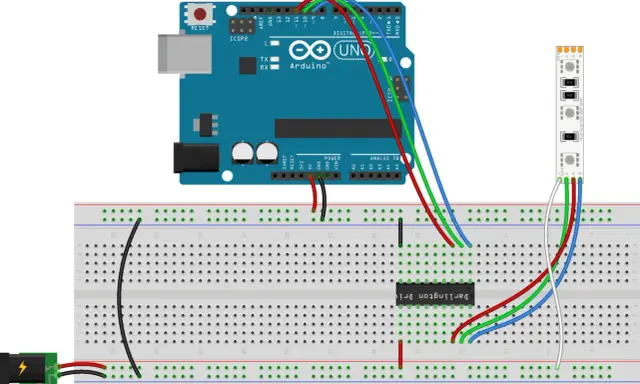 Arduino Uno collegato a una striscia led rgb tramite breadboard.