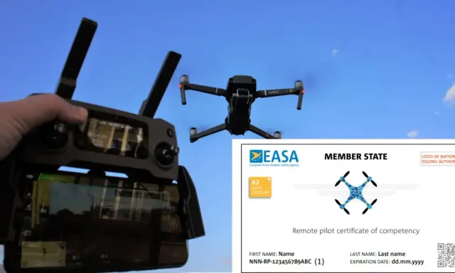Drone in volo controllato da remoto, con certificato A2 Open Category EASA.