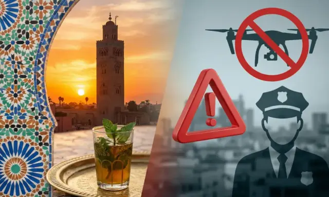 Splendido tramonto in Marocco con tè alla menta, ma attenzione: il **drone Marocco** è vietato, segnalato da un poliziotto.