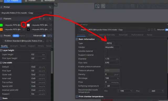 Impostazioni filamento PETG in Anycubic Slicer: tipo, fornitore e diametro.