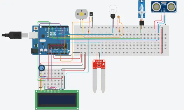 Schema di una serra domotica con Arduino, sensori di umidità, temperatura, ultrasuoni, servomotore e display LCD.