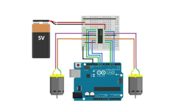 Schema di collegamento Arduino Uno con due motori DC, alimentati da una batteria 5V, tramite un chip L293D su breadboard.