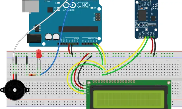 Arduino Uno con modulo ds3231, display LCD, LED e buzzer su breadboard.