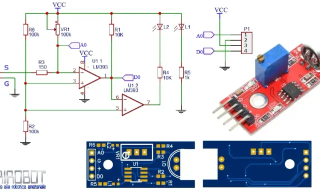 Schema con LM393 e modulo sensore sonoro per Arduino. Il circuito usa comparatori per rilevare suoni.