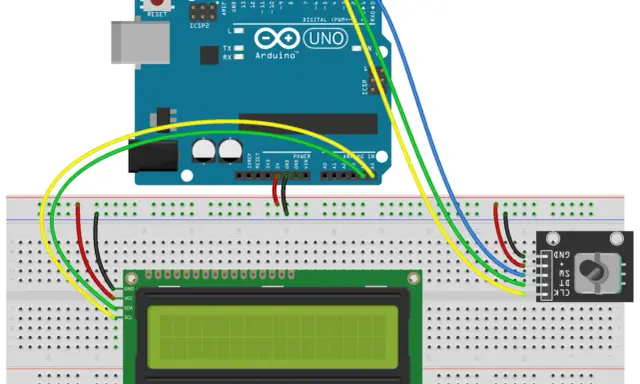 Arduino Uno collegato a un display LCD e a un encoder rotativo su breadboard.
