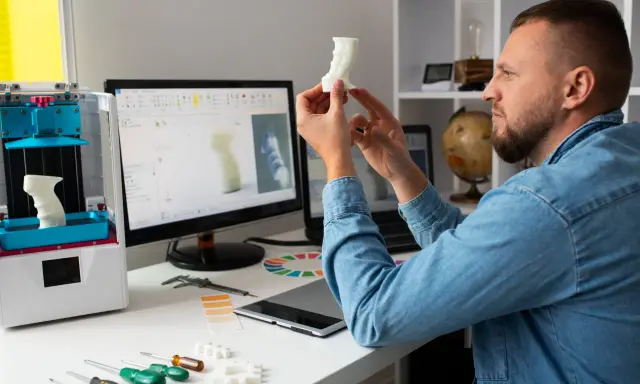 Uomo osserva un oggetto stampato in 3D, con un computer che mostra un modello 3D e una stampante 3D. Verifica i requisiti per Fusion 360.
