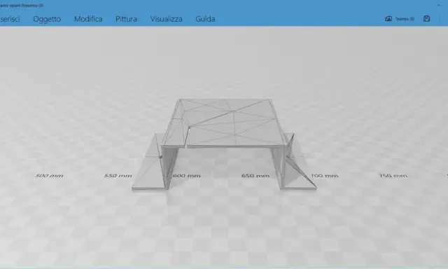 Un modello 3D di un supporto per ripiani, creato con un 3D builder. Le dimensioni sono indicate in millimetri.