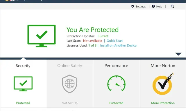 Norton Security: "You Are Protected". Un antivirus che offre la migliore protezione gratuita, con aggiornamenti attuali e 366 giorni rimanenti.