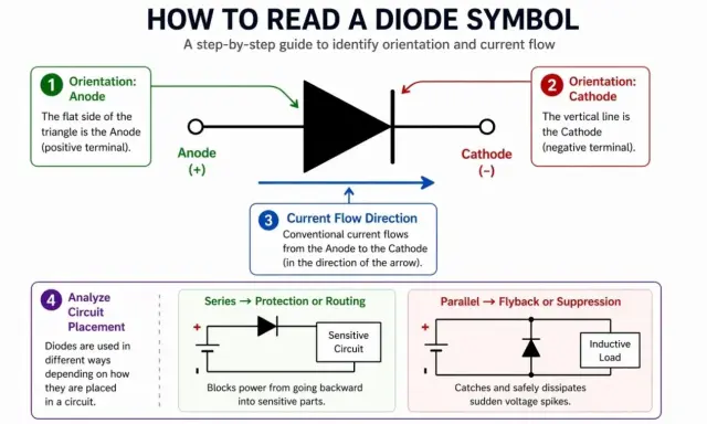 Schema del diodo ideale: identifica anodo, catodo e direzione del flusso di corrente. Illustra usi in serie e parallelo.