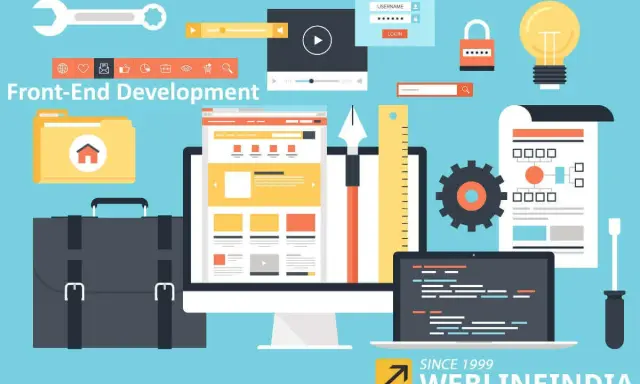 Strumenti e icone per la programmazione front end: computer, laptop con codice, valigetta, lampadina, ingranaggio, righello.
