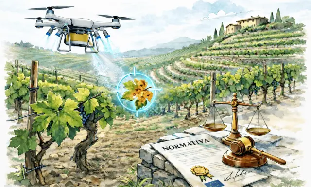 Un drone sorvola una vigna, monitorando una foglia malata. Sotto, bilancia della giustizia e normativa, per riprese con drone autorizzazioni.