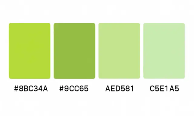 Quattro tonalità di verde, dal lime brillante al pastello, con codici RGB: #8BC34A, #9CC65, AED581, C5E1A5.