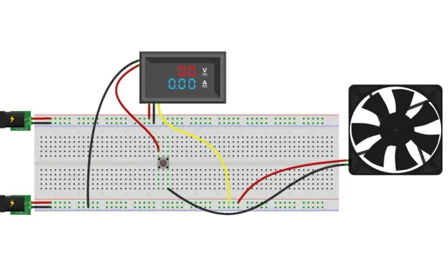 Schema collegamento voltmetro amperometro per ventola. Due alimentatori, un pulsante, un voltmetro/amperometro digitale e una ventola collegati su breadboard.