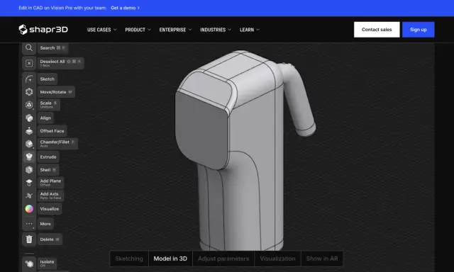 Interfaccia di Shapr3D, un software per modellazione 3D. Esplora i **programmi 3d gratis** per creare modelli come questo.