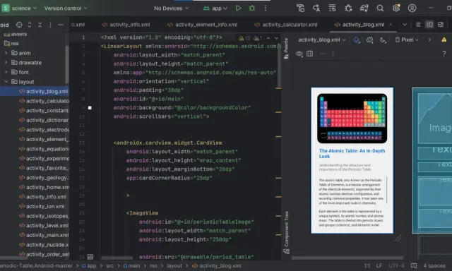 Schermata di Android Studio con codice XML per la programmazione Android. Visualizza la tavola periodica in un'app.