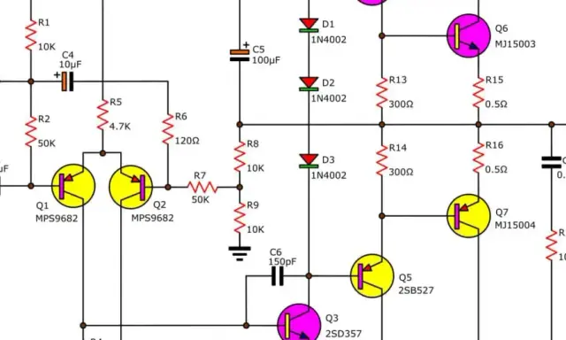 Schema elettrico che illustra come funziona un circuito elettrico con transistor, resistori, condensatori e diodi, culminando in un altoparlante.