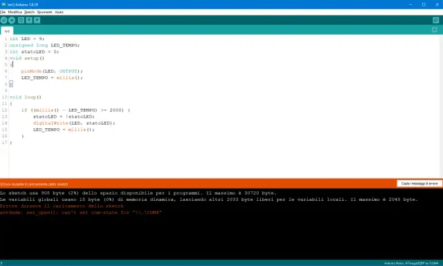 Codice Arduino su Mac per far lampeggiare un LED. Errore di caricamento sketch su COM4.