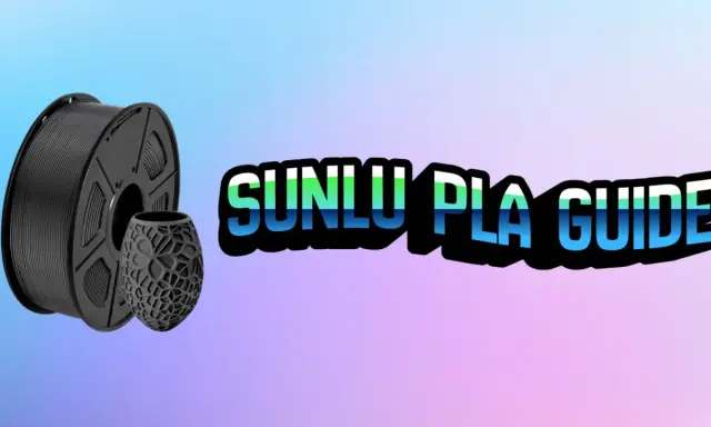 Bobina di filamento nero e un oggetto stampato in 3D, con testo "SUNLU PLA GUIDE". Ottieni i migliori **Sunlu PLA settings** per le tue stampe.
