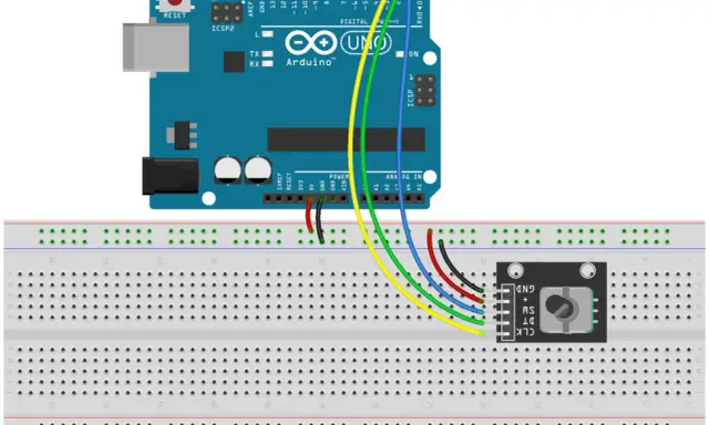 Schema di collegamento di un Arduino UNO a una breadboard con un encoder rotativo. Il **sketch Arduino** è in fase di realizzazione.