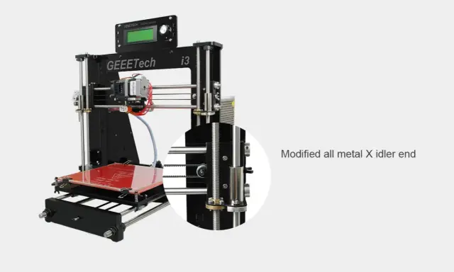 Stampante 3D Geeetech i3 Pro B con dettaglio ingrandito del supporto metallico modificato per l'asse X.