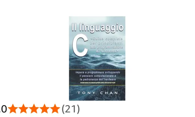 Copertina del libro "Il linguaggio C", guida completa per principianti alla programmazione di sistema, con onde stilizzate e codice binario.