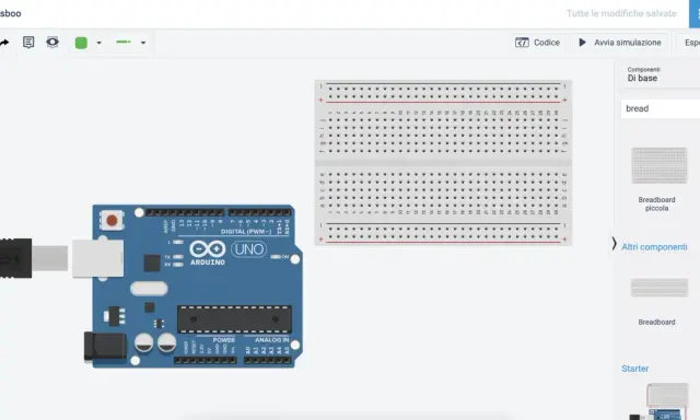 Arduino Uno collegato a una breadboard in Autodesk Circuits.