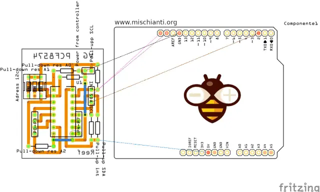 Schema di collegamento Fritzing Arduino con componenti per comunicazione I2C, inclusi resistori pull-up e pull-down.