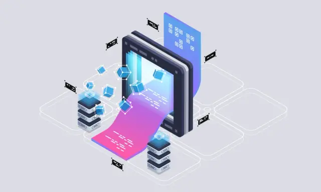 Server che elaborano dati, con cubi blu che fluttuano. Un flusso di dati viola e rosa esce da un tablet, mostrando come sql è un linguaggio di programmazione.