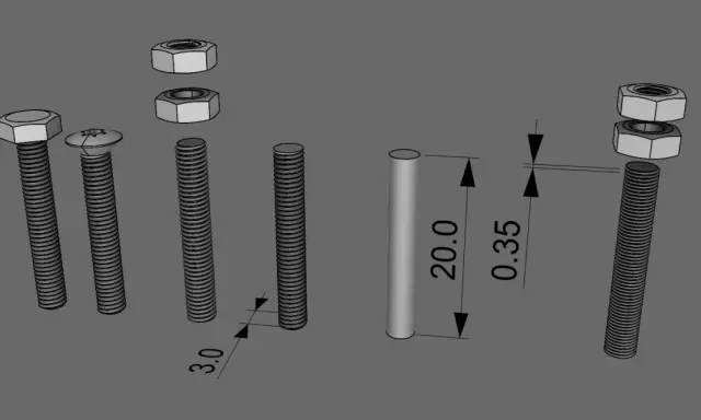 Dettagli di filettature SolidWorks: bulloni, dadi e un cilindro con misure.