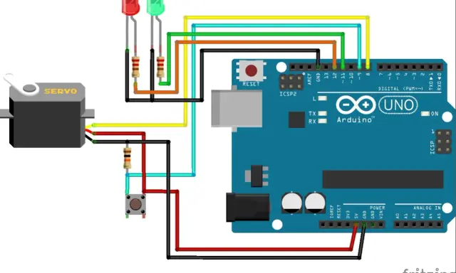 Schema di collegamento con servo, due LED, un pulsante e Arduino Uno. Il servo è collegato a un pin digitale.