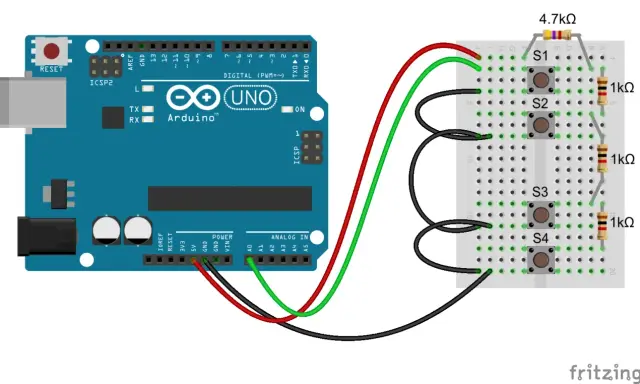 Un pin Arduino collegato a una breadboard con quattro pulsanti (S1-S4) e resistori.