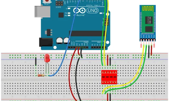 Circuito con Arduino Uno e modulo **arduino bluetooth** HC-05 collegati su breadboard, con LED e resistore.