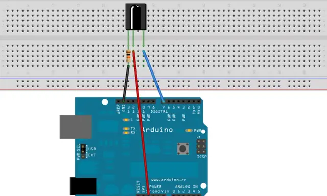 Schema di un **arduino ir transmitter** su breadboard: un diodo IR collegato a un resistore e all'Arduino tramite cavi.