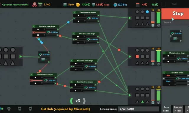 Interfaccia di giochi di programmazione con nodi e schemi decisionali per ottimizzare il traffico.